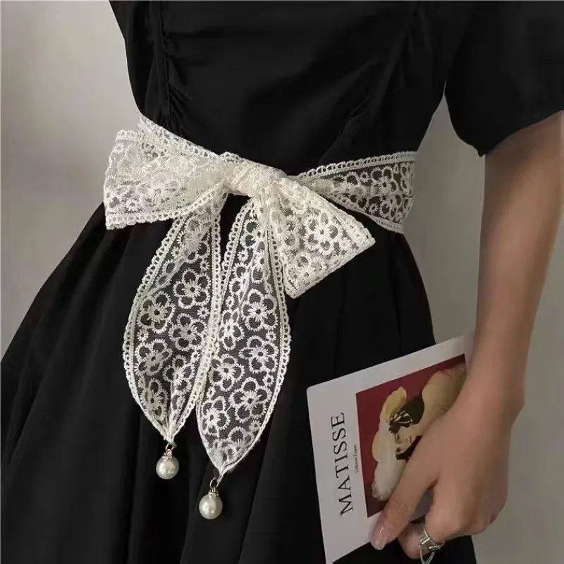 우아한 레이스 매듭 벨트 진주 펜던트 긴 리본 스카프 스커트 자켓 장식 허리 체인 새로운