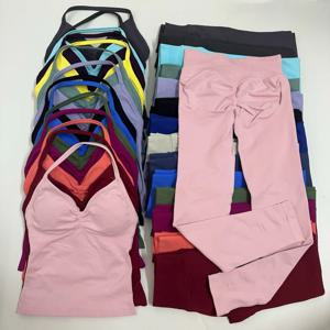 로고 없는 2피스 요가 레깅스 세트 여성 백리스 탱크탑 스크런치 짐 피트니스 의류 운동복 요가 세트