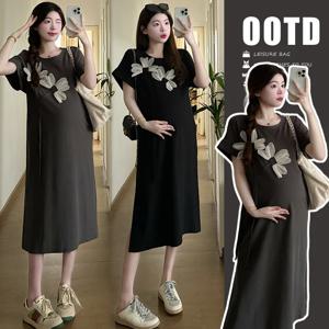 탑 임부복 패션 드레스 여름 임부복 시니어 패션 감각 노화 중간 길이 반팔 루즈 캐주얼 드레스