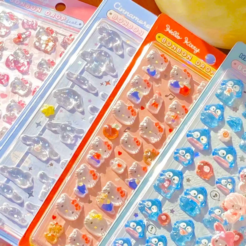 귀여운 애니메이션 Hellokitty Kuromi Cinnamoroll 3D Sanrio 스티커 투명 젤리 크리스탈 장식 스티커 전화 케이스 DIY 어린이 장난감