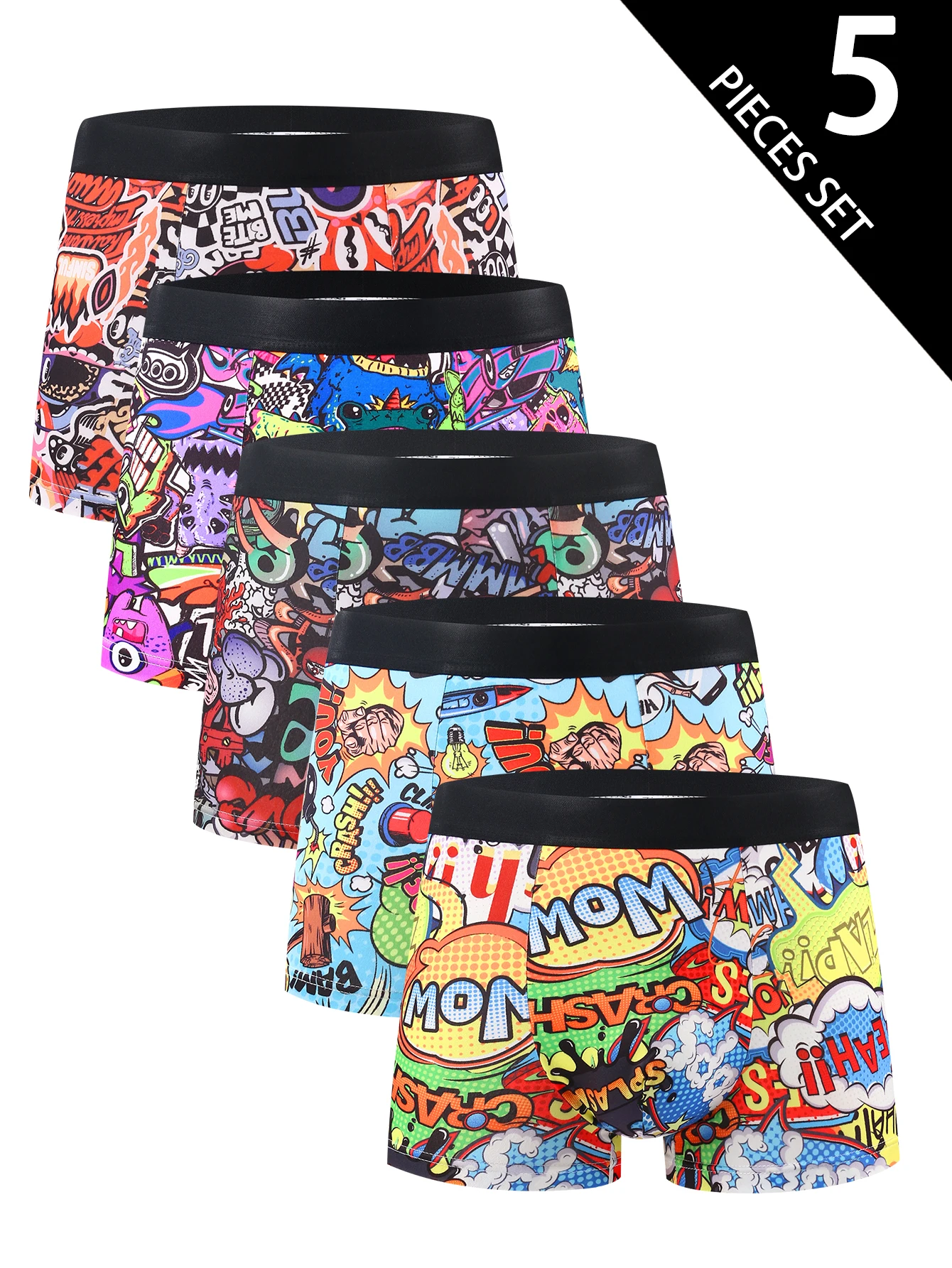 남성용 복싱 반바지 5개 세트; 무작위 낙서 만화 인쇄; 트렌드 크리스마스 패턴; 편안한 복싱 반바지.