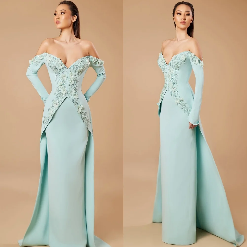 맞춤형 중국 스타일 저지 스팽글 꽃 스트레이트 오프 숄더 롱 드레스 맞춤형 행사 복고풍