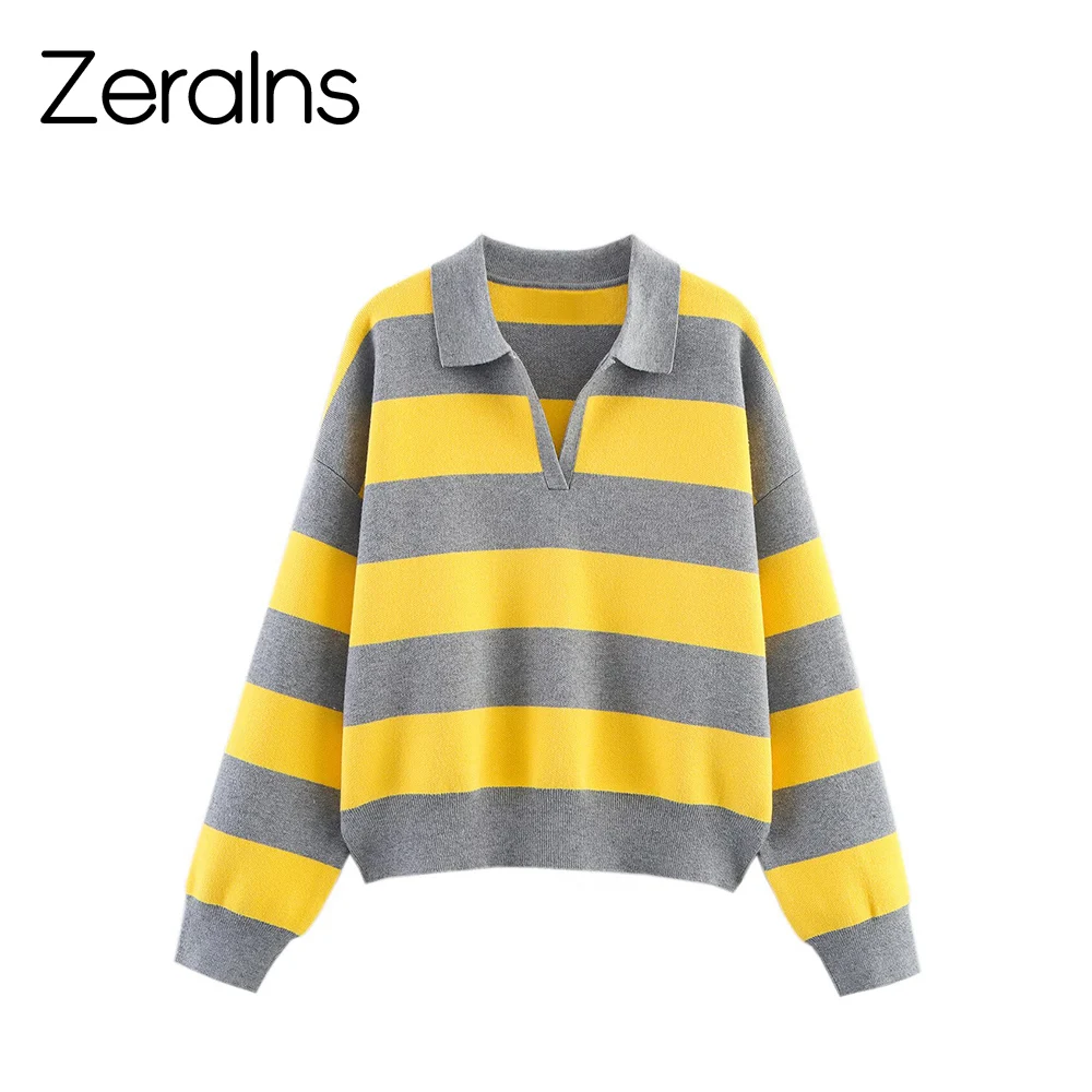 ZERAINS 가을 신상 여성 의류 유럽과 미국 스타일의 세련된 루즈핏 폴로 칼라 스트라이프 니트 스웨터