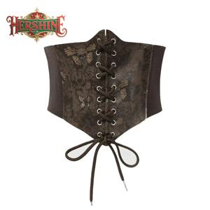 HERSHINE 여성용 브라운 빈티지 해골, 나비, 나방 프린트 신축성 있는 와이드 허리 벨트, Y2K 고딕 하라주쿠 스타일, 봄, 여름