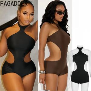 FAGADOER 여성용 섹시한 속이 빈 바디콘 롬퍼 홀터넥 민소매 백리스 원피스 점프수트 여성용 스트리트웨어 오버올 신상품