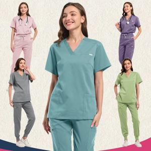 다색 수술복 간호사 스크럽 세트 임상 의료 의사 간호 유니폼 반팔 브이넥 상의 포켓 바지 작업복