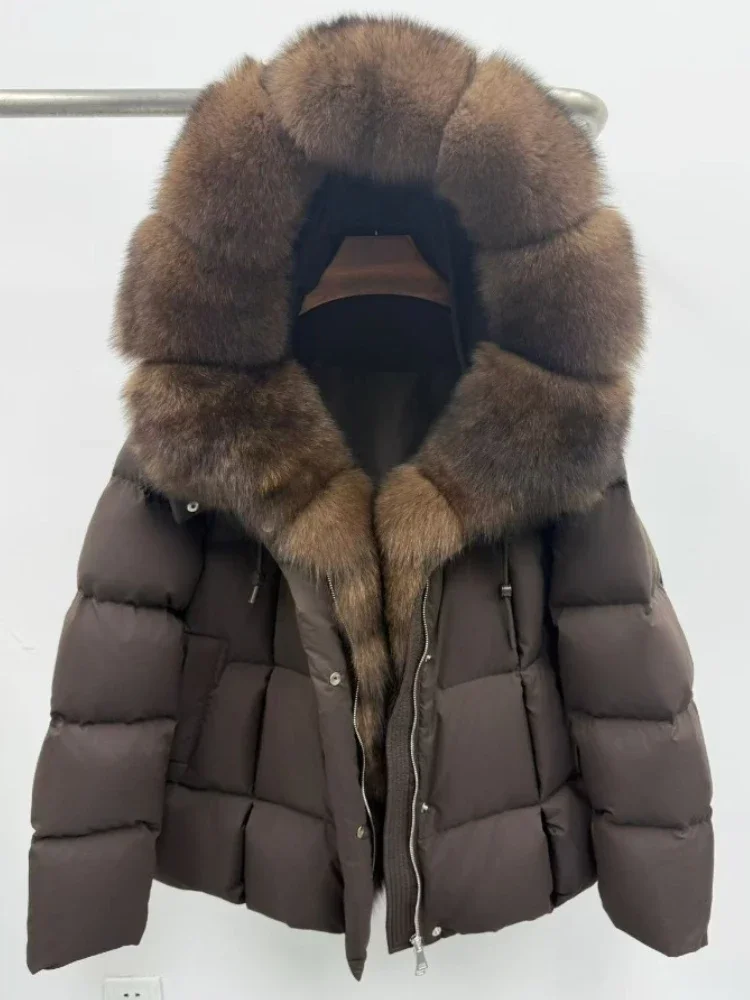 천연 너구리 모피 화이트 구스 다운 재킷 두꺼운 후드 여성용 따뜻한 가을 겨울 캐주얼 리얼 퍼 아우터웨어 리얼리티 퍼 코트