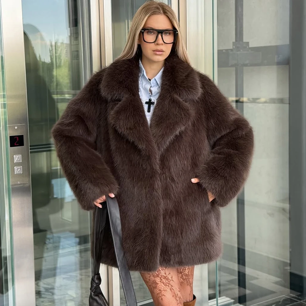 투울라로즈 여성 우아한 인조 모피 코트 따뜻하고 푹신한 루즈핏 긴 소매 라펠 재킷 가을 겨울 패션 하이 스트리트 여성 아우터웨어