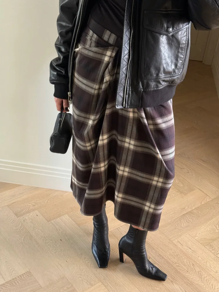 드레이프 체크 미디 스커트 여성 캐주얼 플리츠 불규칙 하이웨이스트 슬림 미디 길이 바텀 레이디 데일리 뉴 커뮤트 스트리트 스커트