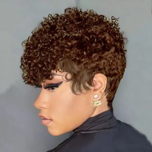 짧은 자연스러운 검은색 인모 픽시컷 가발 곱슬머리 가발 어반 엣지 웨이브 풀 머신 메이드 여성용