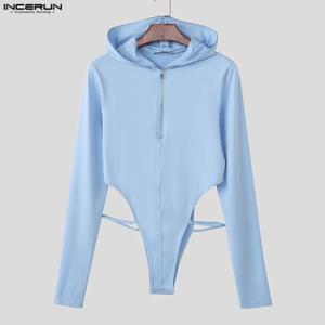INCERUN 남성 바디수트 솔리드 컬러 니트 후드 긴 소매 플레이수트 남성 스트리트웨어 롬퍼 지퍼 패션 캐주얼 바디수트 남성
