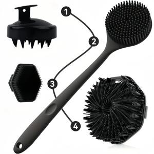 실리콘 목욕 브러시 4종 세트 (헤어 스크러버 포함) - 부드러운 모로 바디 및 두피 세정