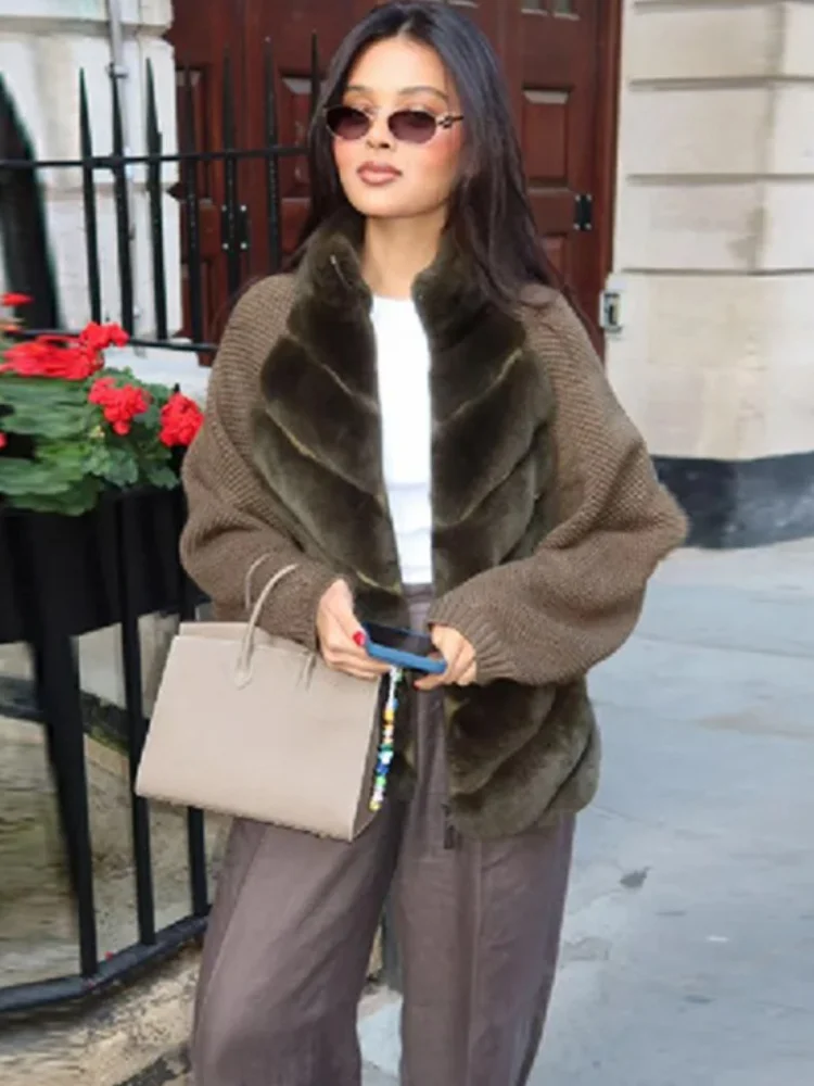 여성용 시크한 인조 퍼 패치워크 숏 재킷 긴 소매 루즈핏 지퍼 퀼팅 코트 2025 따뜻한 여성 겨울 스트리트웨어