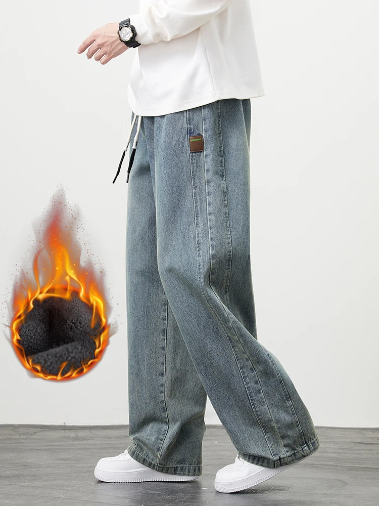 남성용 겨울용 따뜻한 청바지 플리스 안감 두꺼운 보온 데님 팬츠 와이드 레그 스트레이트 보온 바지 아시아 사이즈 L-5XL