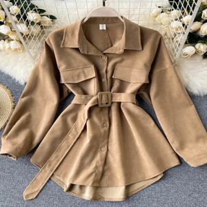 여성용 용수철 가을 셔츠, 레트로 카고 스타일 포켓, 긴팔 셔츠, 퍼프 슬리브 붕대, 니프 웨이스트 탑, PL438