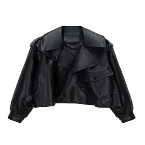 Ailegogo 하이 스트리트 여성 라펠 느슨한 Pu 인조 가죽 짧은 재킷, 봄 가을 여성 빅 포켓 벨트 코트 모토 바이커 아웃웨어
