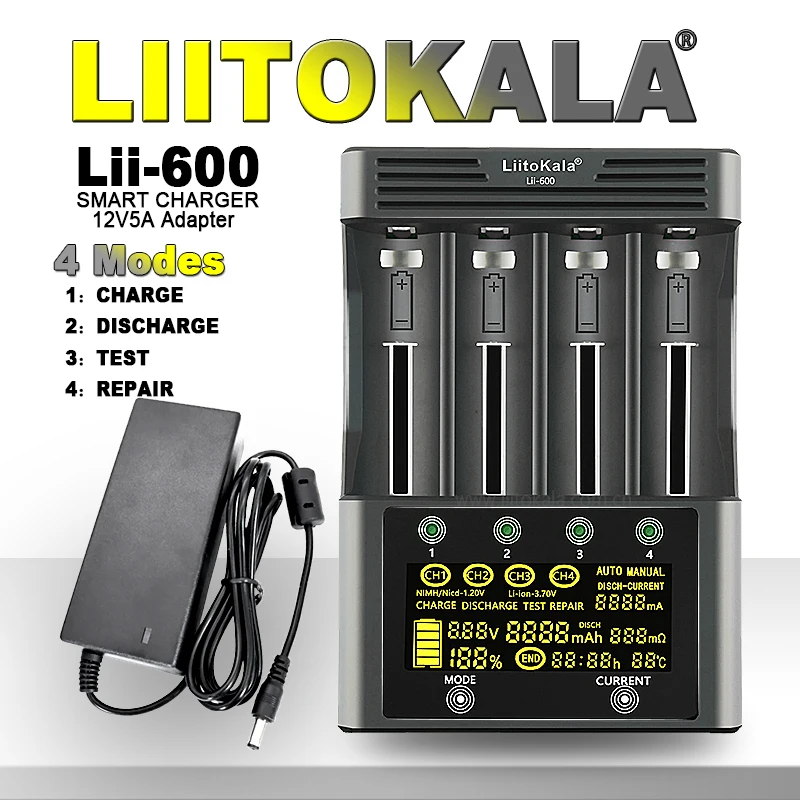 리토칼라 Lii-600 배터리 충전기 12V5A (리튬이온 3.7V 및 니켈수소 1.2V 배터리 Lii-202 402 Lii-S8 S12 Lii-500 18650 26650 AA AAA 호환)