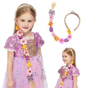 공주 소녀 꽃 머리띠 꽃 Fary 드레스 긴 머리 가발 머리띠 어린이 할로윈 라푼젤 코스프레 머리 착용
