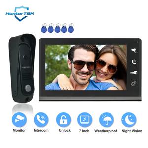 4 유선 비디오 도어폰 RFID 잠금 해제 비디오 인터콤 카메라 초인종, 7 인치 스크린, 야간 투시경, 빌라용 홈 문짝 출입