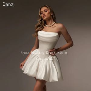 Qanz 빈티지 새틴 웨딩 파티 드레스 Strapless 짧은 라인 아이보리 레이스 위로 Vestidos Para Mujer 신부 가운 맞춤형