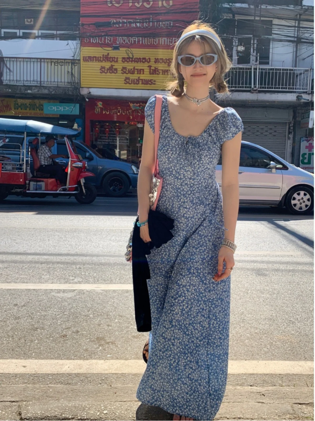 블루 플로럴 프린트 퍼프 슬리브 롱 드레스 드로스트링 허리 슬리밍 디자인 한국 스타일 통근 A라인 스커트 맥시 드레스