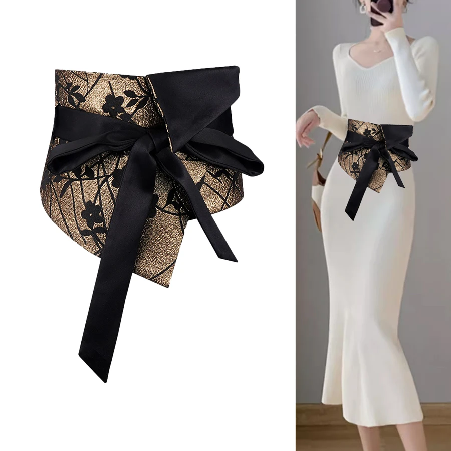 빈티지 고급 자카드 브로케이드 벨트 여성용 오버사이즈 보타이 와이드 허리띠 - 바지 드레스 레이어링용 시크 벨트, 럭셔리 필수템