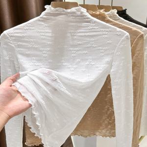 2023년 가을 레이스 베이스 셔츠 반하이 칼라 메쉬 이너웨어 프릴 긴팔 얇은 탑 한국 스타일 출퇴근 패션