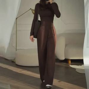 여성용 세련된 라운드넥 긴팔 신축성 허리 팬츠 투피스 세트 가을 캐주얼웨어 다용도 스타일리쉬 트렌디