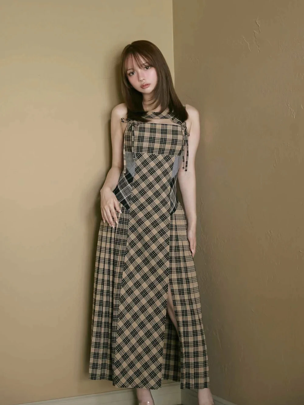 가을 겨울 플래드 니트 나비 매듭 투피스 세트 롱 드레스 커버업 하이웨이스트 민소매 한푸 스타일 여성 드레스