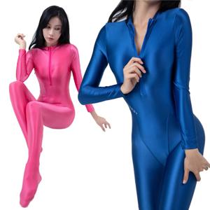 AMORESY 여성용 샤이니 오일 스타킹 전장 Catsuit 프론트 지퍼 요가 Zentai Playsuit 섹시한 부드러운 캐주얼 점프 슈트