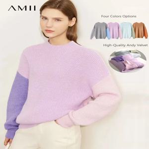 AMII 미니멀리즘 스웨터 여성 2024 봄 스트리트웨어 스플 라이스 니트 탑 드롭 슬리브 루즈 풀 풀오버 스웨터 12344144
