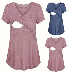 캐주얼 여성 출산 티셔츠 탑 여름 솔리드 컬러 반소매 티셔츠 크루 넥 기본 간호 탑 컴포트 티