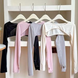 여름 얼음 실크 목도리 팔 슬리브 원피스 긴팔 티셔츠 여성 자른 탑 야외 스포츠 선 스크린 오버 슬리브 블라우스