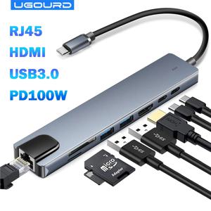 유형 C 허브 USB C 어댑터-HDMI 4K30Hz 이더넷 어댑터-RJ45 100/1000Mbps VGA 익스텐더 MacBook 노트북 용 3.5mm 오디오 PD100W