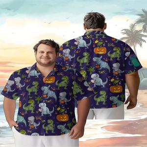 남성용 플러스 사이즈 하와이안 셔츠 할로윈 공룡 파이 패턴, 프리미엄 컴포트 청소년 의류, Y2K 탑