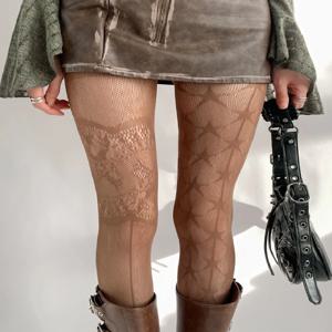 새로운 AB 디자인 커피 타이즈 펑크 여성 섹시 망사 스타킹 고딕 로리타 JK 스윗 레이스 오각별 프린트 메쉬 팬티스타킹