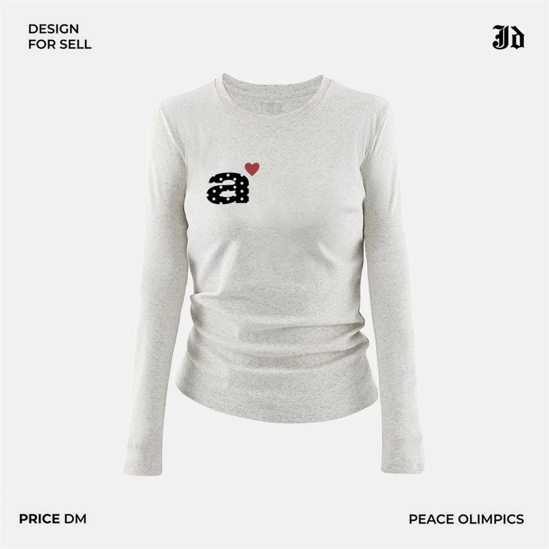 레트로 아메리칸 IGEUMM 여성용 슬림핏 라운드 넥 긴팔 베이스 셔츠 레터 프린트 코튼 블렌드 편안한 이너웨어 탑