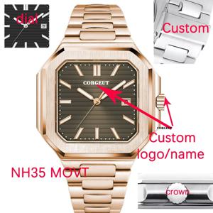 Corgeut 44MM 스퀘어 큐브 남성용 시계 NH35 MIYOTA 기계식 럭셔리 시계 로즈 골드 스테인레스 스틸 사파이어 크리스탈 방수