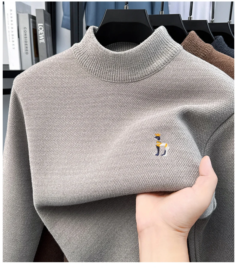 고급 자수 스노우 카빙 벨벳 세미 하이넥 두꺼운 벨벳 남성 스웨터 겨울용 세미 하이넥 베이스 스웨터