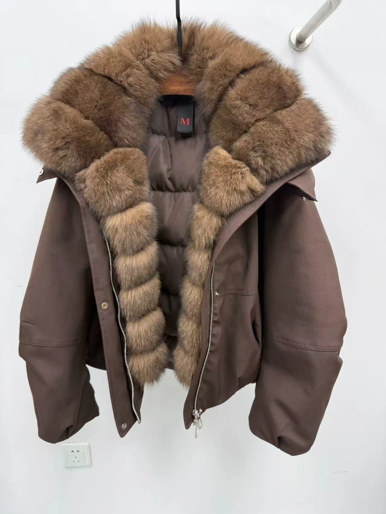 OFTBUY 모피 재킷 따뜻한 천연 여우털 칼라 방풍 여성 캐주얼 화이트 구스 다운 코트 두꺼운 가을 겨울 리얼 퍼 재킷