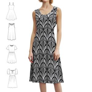 그레이 블랙 앤 화이트의 아르 데코 팜 테마 - 이음새 없는 여성 스트리트웨어 파티 드레스 여성용 트렌디 프린트 클럽 의류