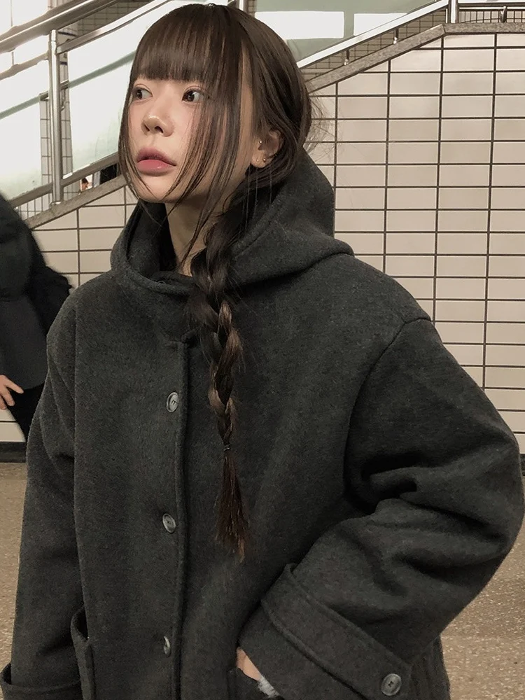 레트로 시크 가을 겨울 모직 코트 모자 포함 싱글 버튼 면 안감 소형 여성용 아우터 두꺼운 긴 소매