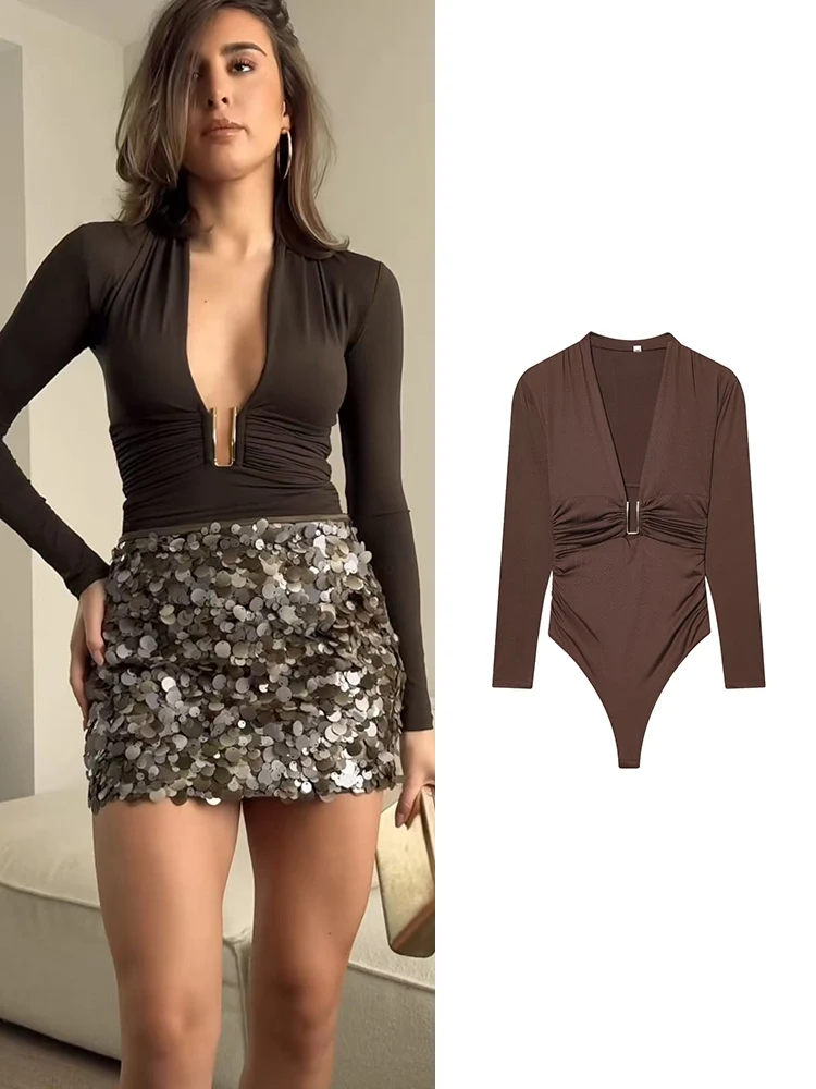    TFMLN 2026 여성용 섹시한 브이넥 바디수트 패션 폴드 디자인 슬림 긴팔 패션 스트리트웨어 여성용 솔리드 바디수트