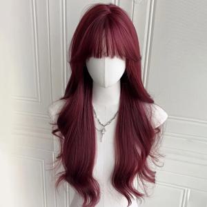 할로윈 파티를 위한 큰 웨이브가 있는 레드 와인 컬러 합성 가발, 코스프레 가발, 일상용 가발, 고온 헤어 섬유 가발 세트