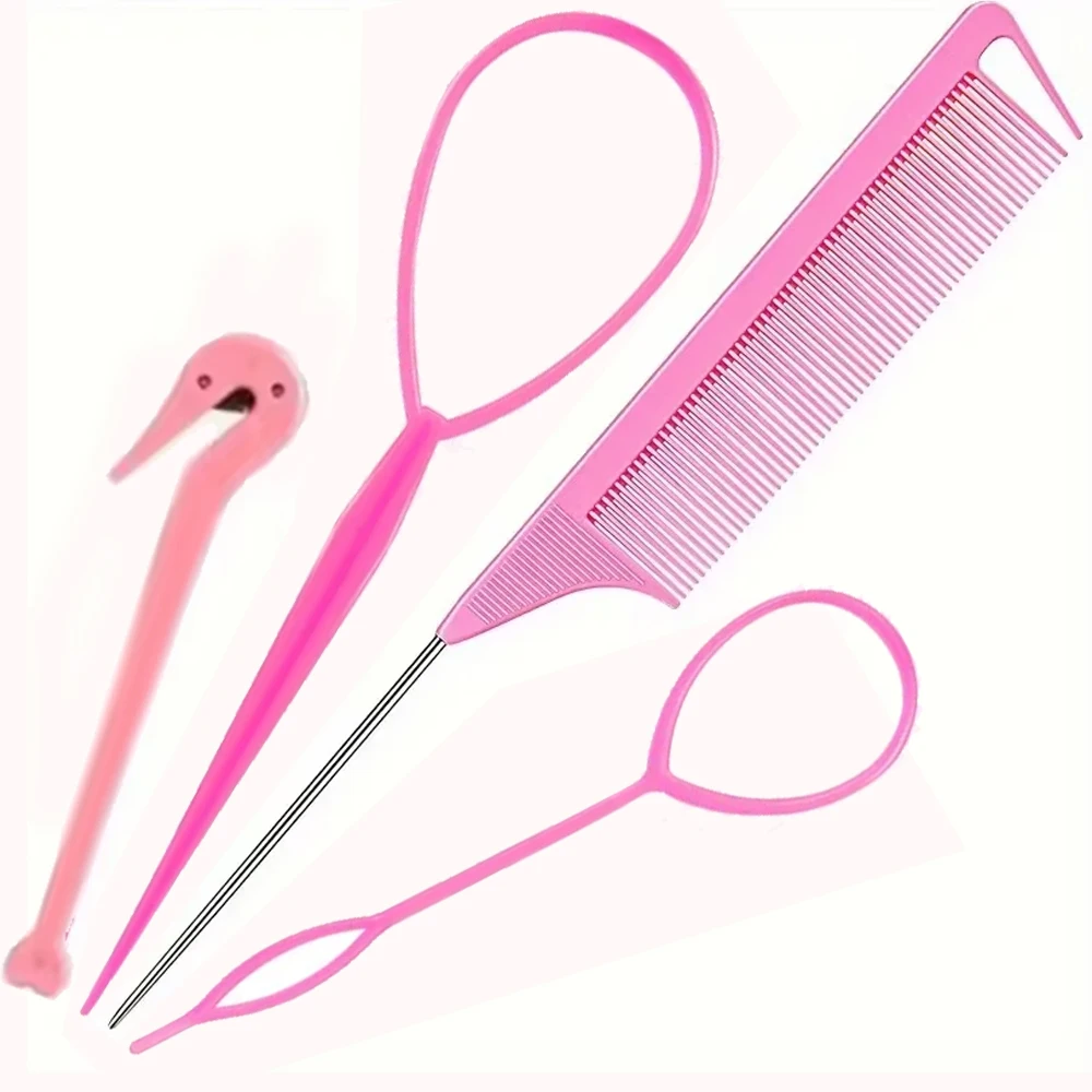 4종 테일 헤어 도구 세트, 헤어 루프 스타일링 도구 세트 (헤어 스타일링용 탄성 헤어 밴드 제거 커터, 랫 테일 빗 포함)