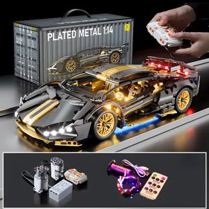 기술 1:14 블랙 Supercar 레이싱 빌딩 블록 소년 생일 선물을위한 벽돌 자동차 장난감 선물을 조립