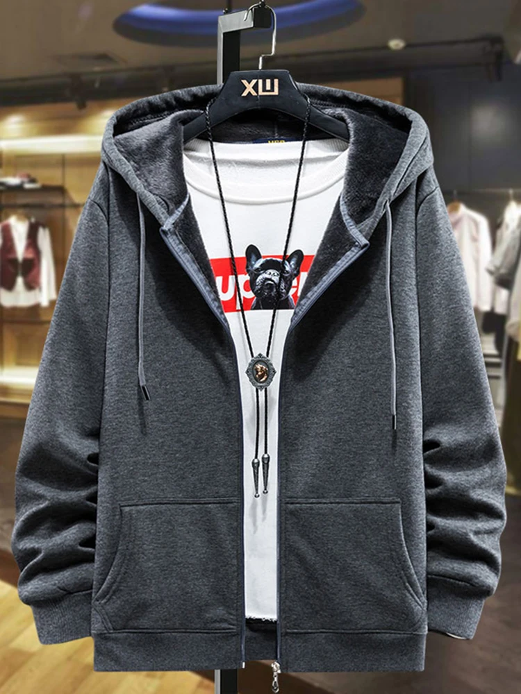 가을 겨울 남성용 루즈핏 지퍼 후드 가디건 순면 플리스 안감 캐주얼 탑 플러스 사이즈 청년 트렌디 스타일