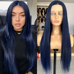 다크 블루 롱 실키 스트레이트 합성 레이스 프론트 가발, 프리 파트 내추럴 13x4 정면 컬러 가발, 여성 데일리 파티 코스프레