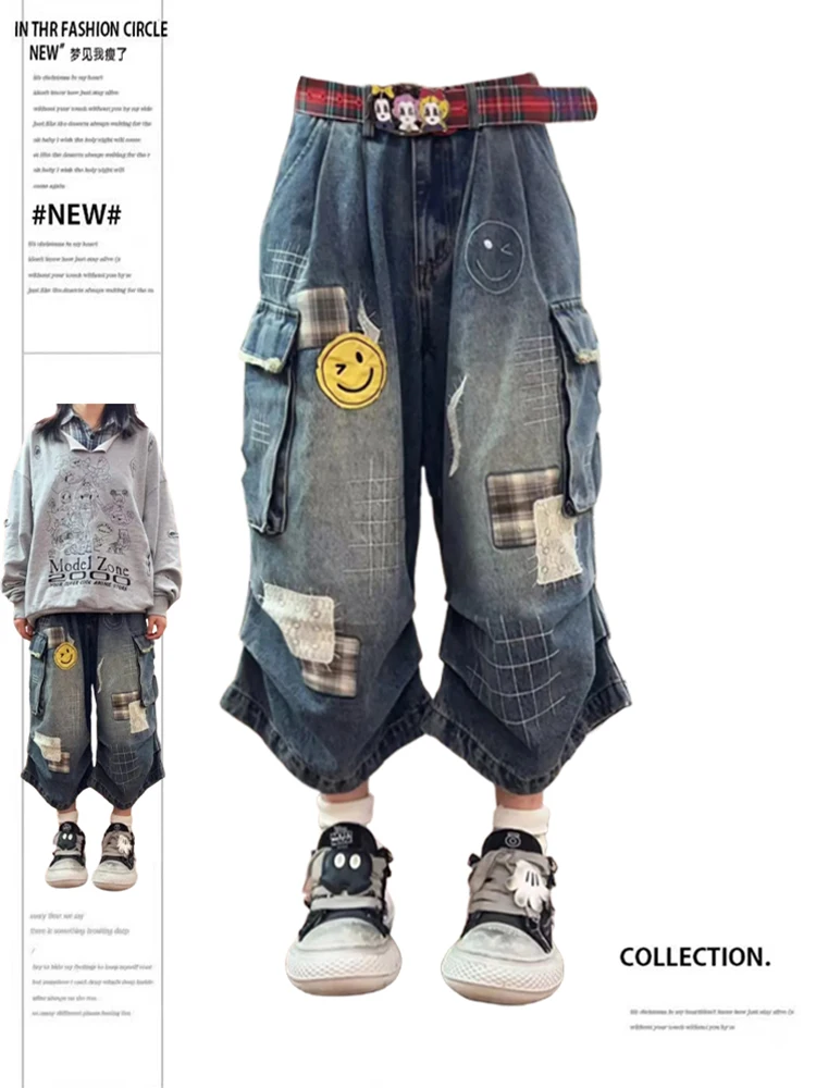 여름 여성 Tomboy Jorts 하라주쿠 카고 진 반바지 2000년대 일본 데님 바지 Y2K streetwear High street 한국 패션 New