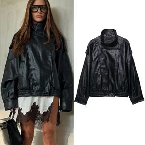 여성용 인조 가죽 재킷 2025 신상 가을 블랙 긴 소매 페블 재킷 모터사이클 스타일 개성 있는 여성 재킷